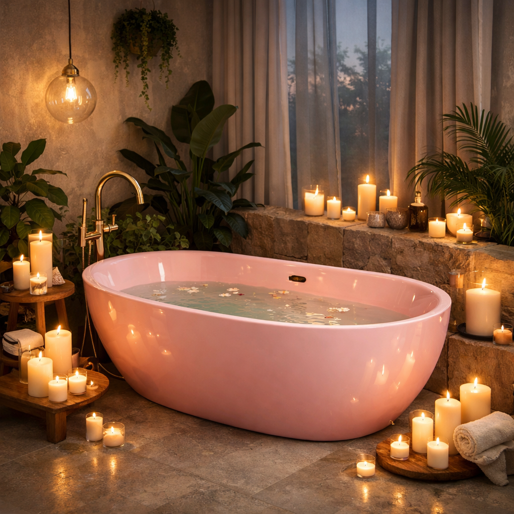 A luxurious pink bathtub surrounded by candles and plants in a modern bathroom.