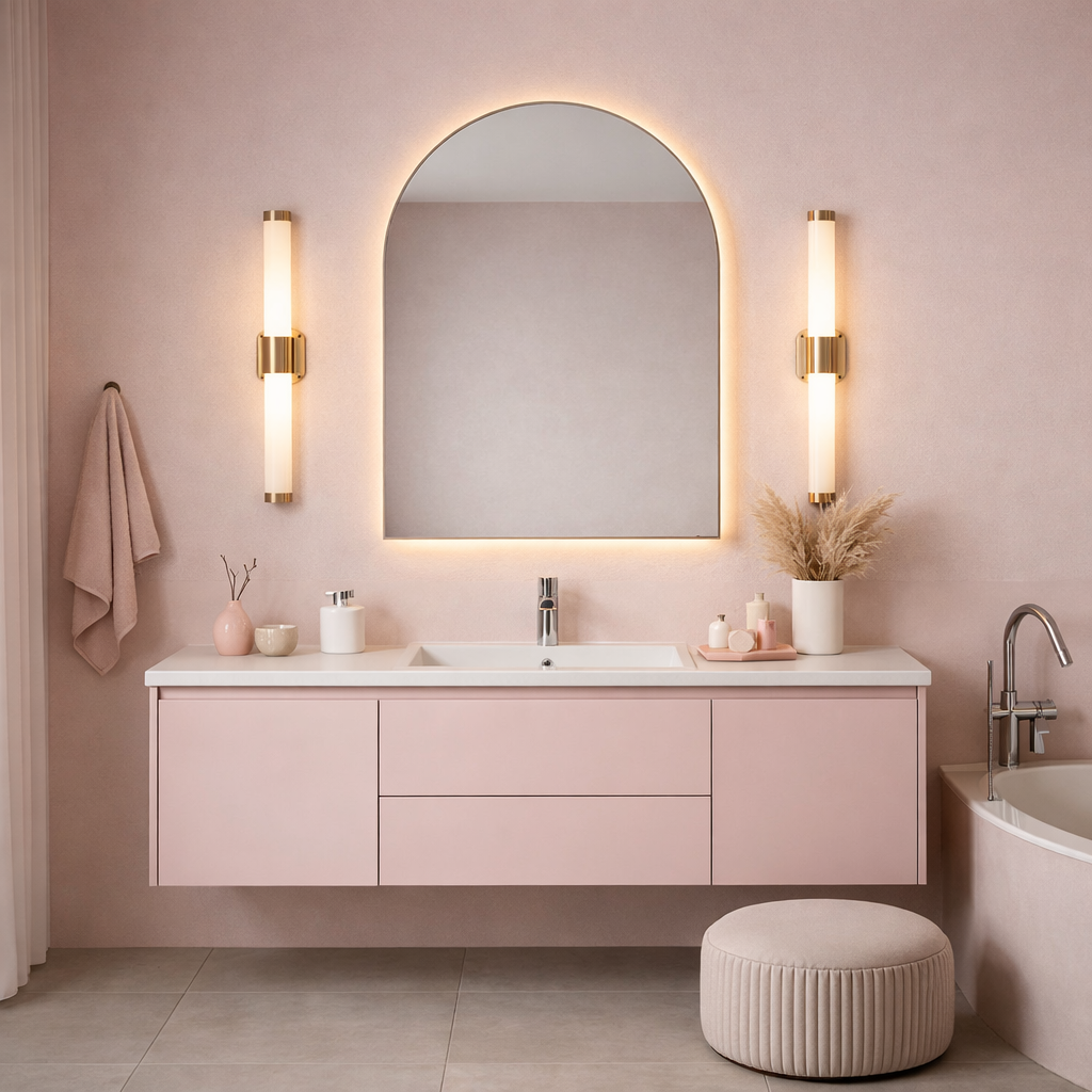 Modern pink bathroom featuring a sleek pink vanity, minimal decor, and warm lighting.