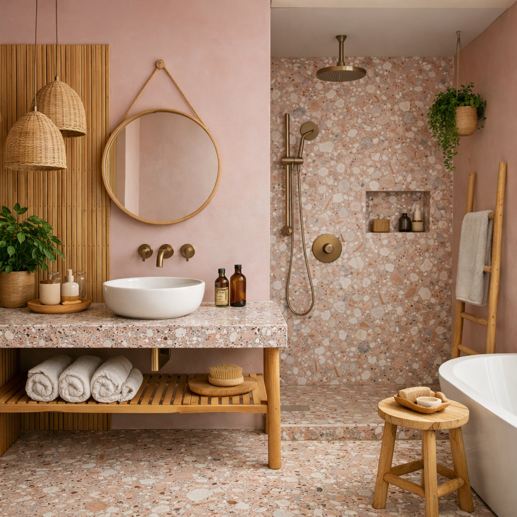 A modern pink bathroom featuring a terrazzo countertop, natural wood elements, and plants