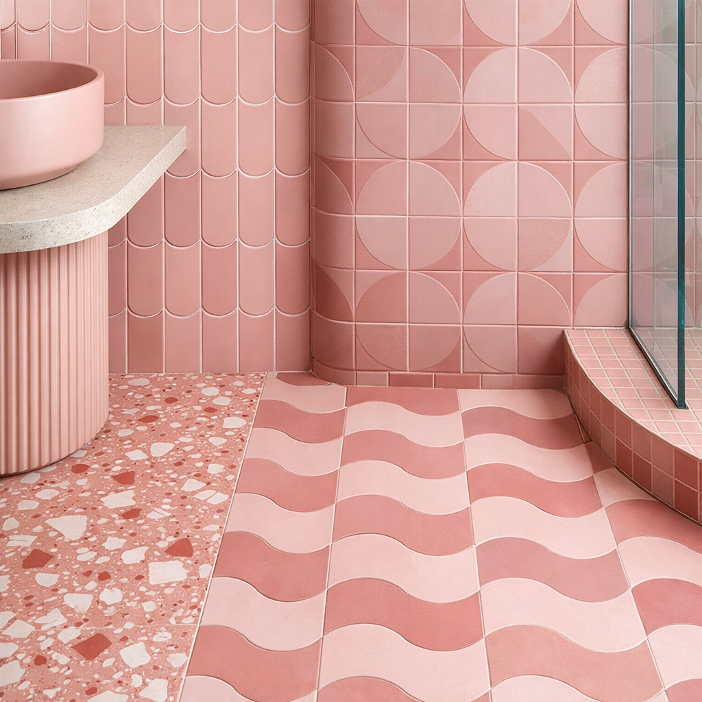 Modern pink bathroom featuring trendy tile patterns with wavy and speckled designs.