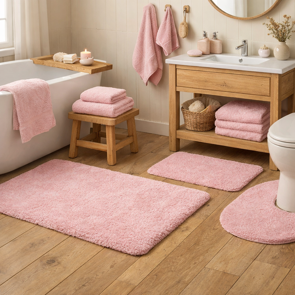 A light pink bathroom featuring towels and rugs on wooden flooring.