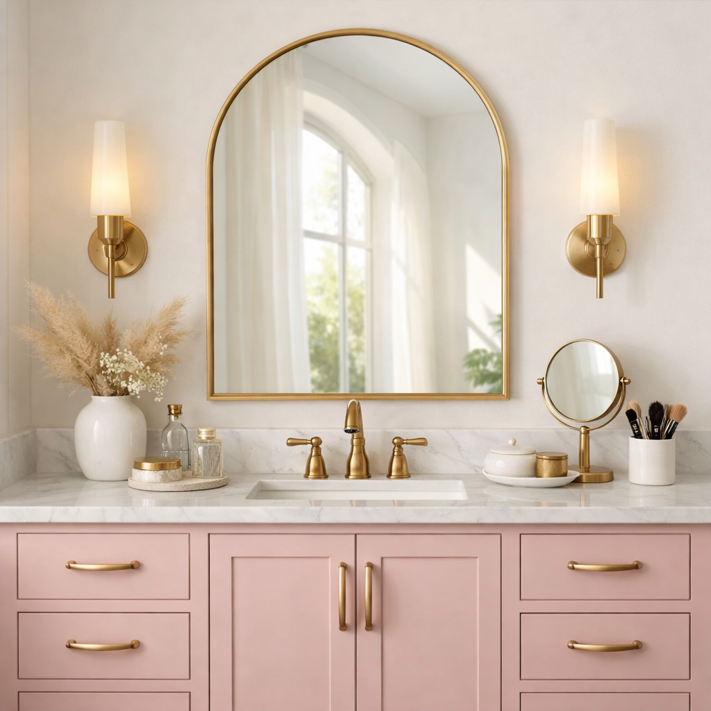 Chic light pink bathroom vanity with gold accents and elegant decor.