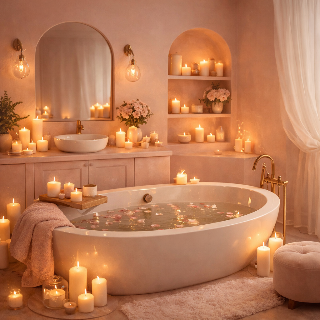 A light pink bathroom featuring a spacious bathtub surrounded by candles, flowers, and warm lighting.