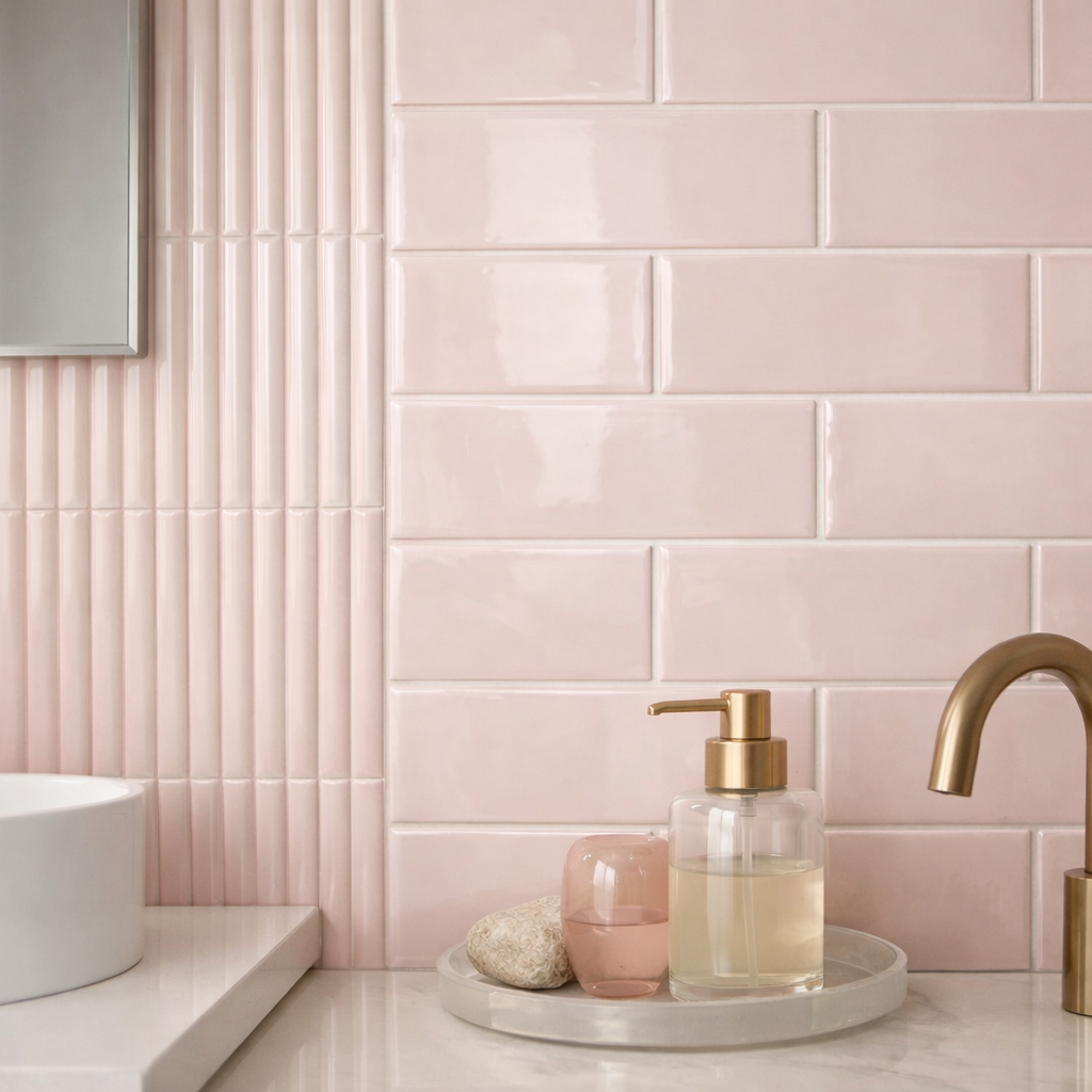 Elegant light pink bathroom tiles with gold accents and natural elements.
