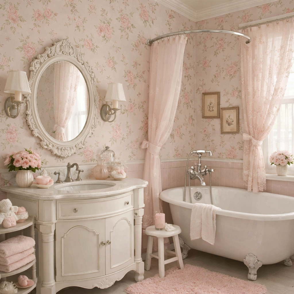 A charming light pink bathroom with floral wallpaper, white fixtures, and a cozy aesthetic.