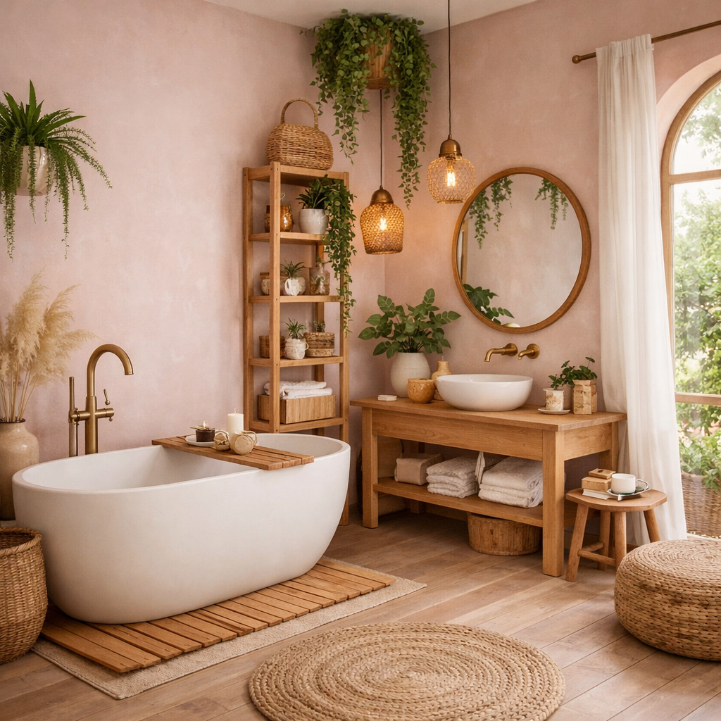 A light pink bathroom featuring natural elements like plants, wooden fixtures, and woven decor.