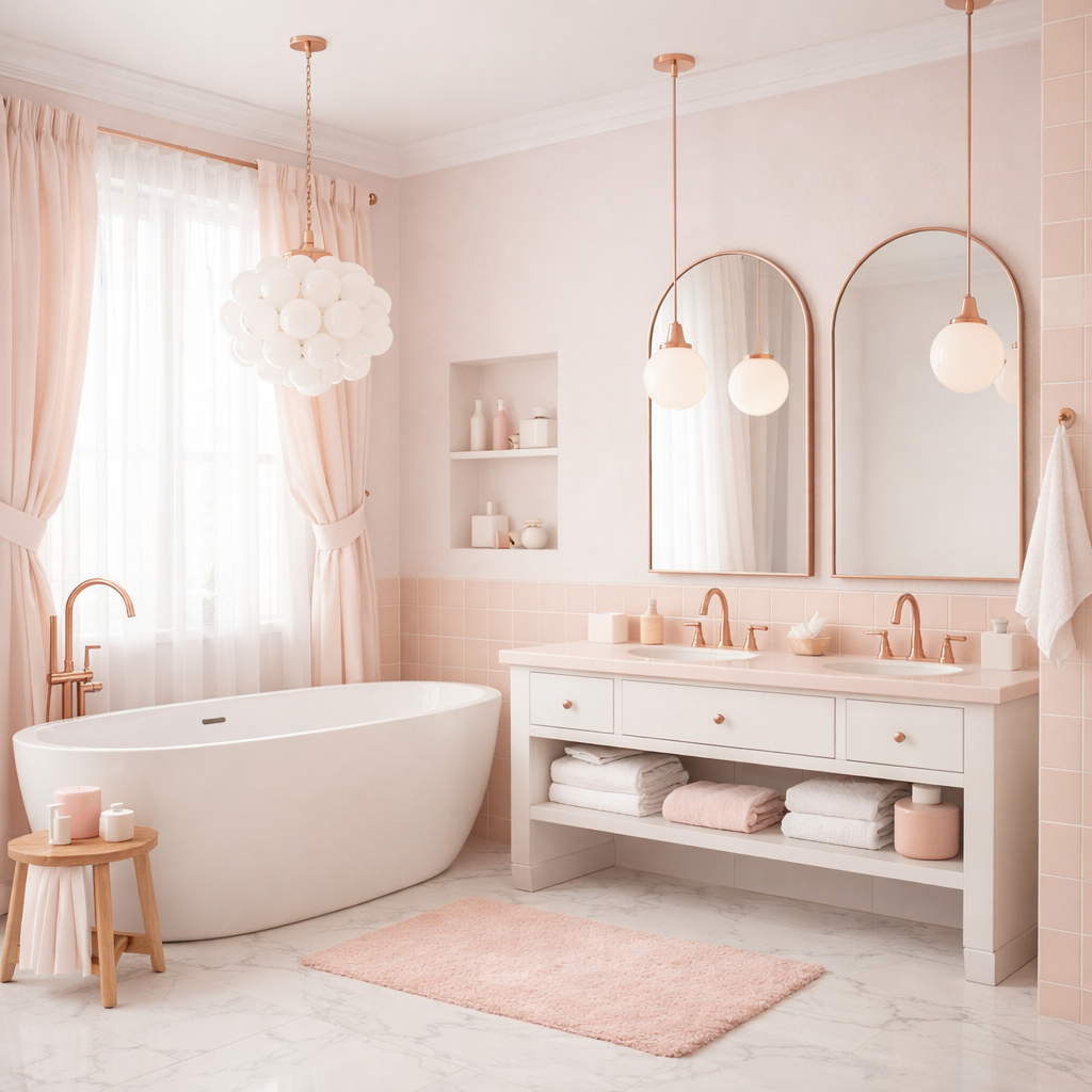 A light pink bathroom featuring a modern design with white accents, pink decor, and elegant lighting.