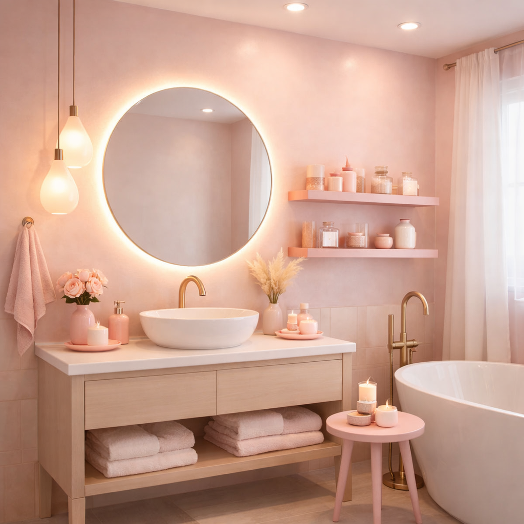 A beautifully designed light pink bathroom featuring soft lighting options, a round LED mirror, and pink accents.