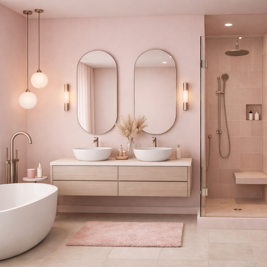 A modern light pink bathroom showcasing elegant fixtures and a serene atmosphere.