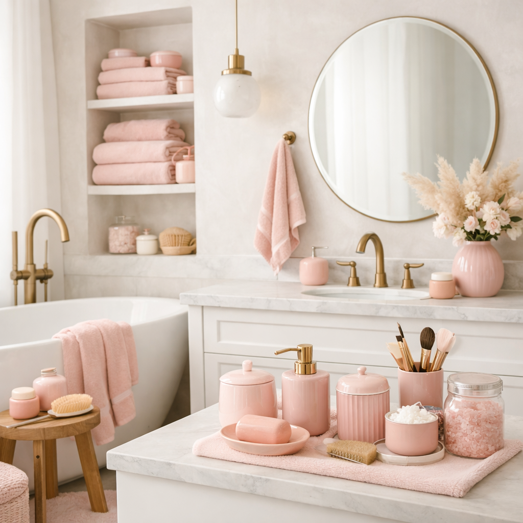 A beautiful light pink bathroom with blush accents, featuring soft towels, pink decor items, and a stylish marble countertop.