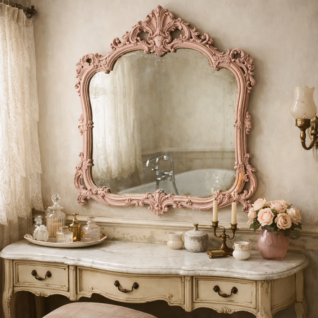 Pink framed antique mirror above a vintage vanity with decorative items