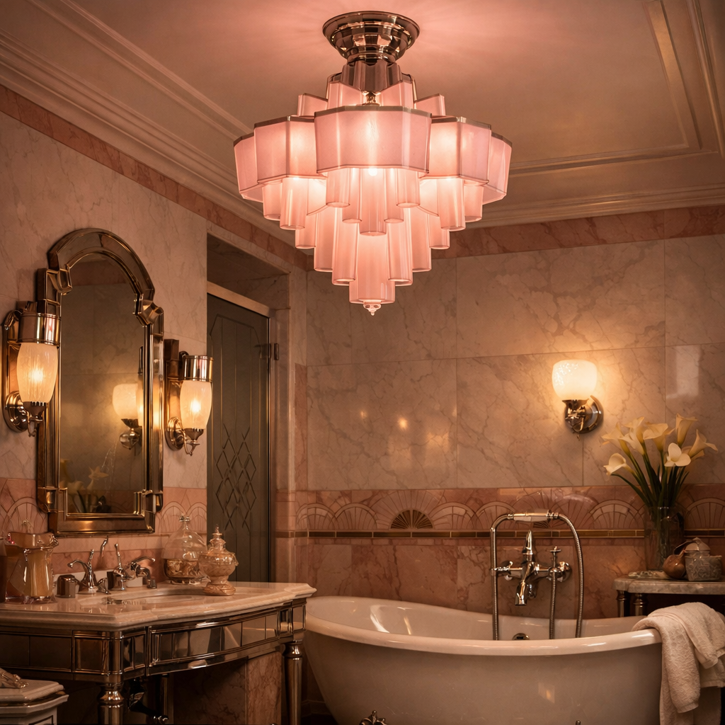 Art Deco pink lighting fixtures in a vintage bathroom, showcasing a chandelier and wall sconces