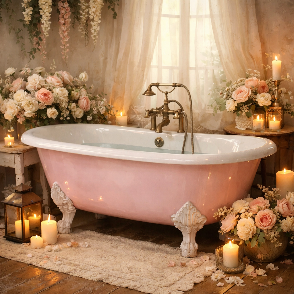 A charming pink clawfoot bathtub adorned with flowers and candles in a vintage bathroom setting.