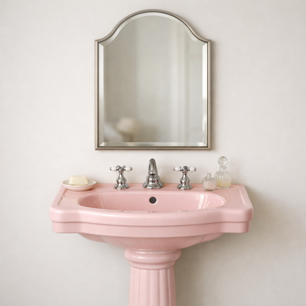 A classic pink pedestal sink with a mirror above and vintage decor