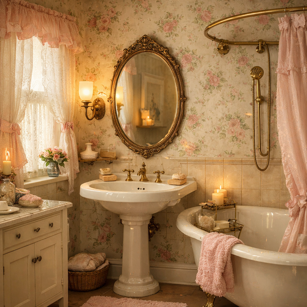 A vintage bathroom featuring floral wallpaper with pink accents, golden fixtures, and a cozy atmosphere.