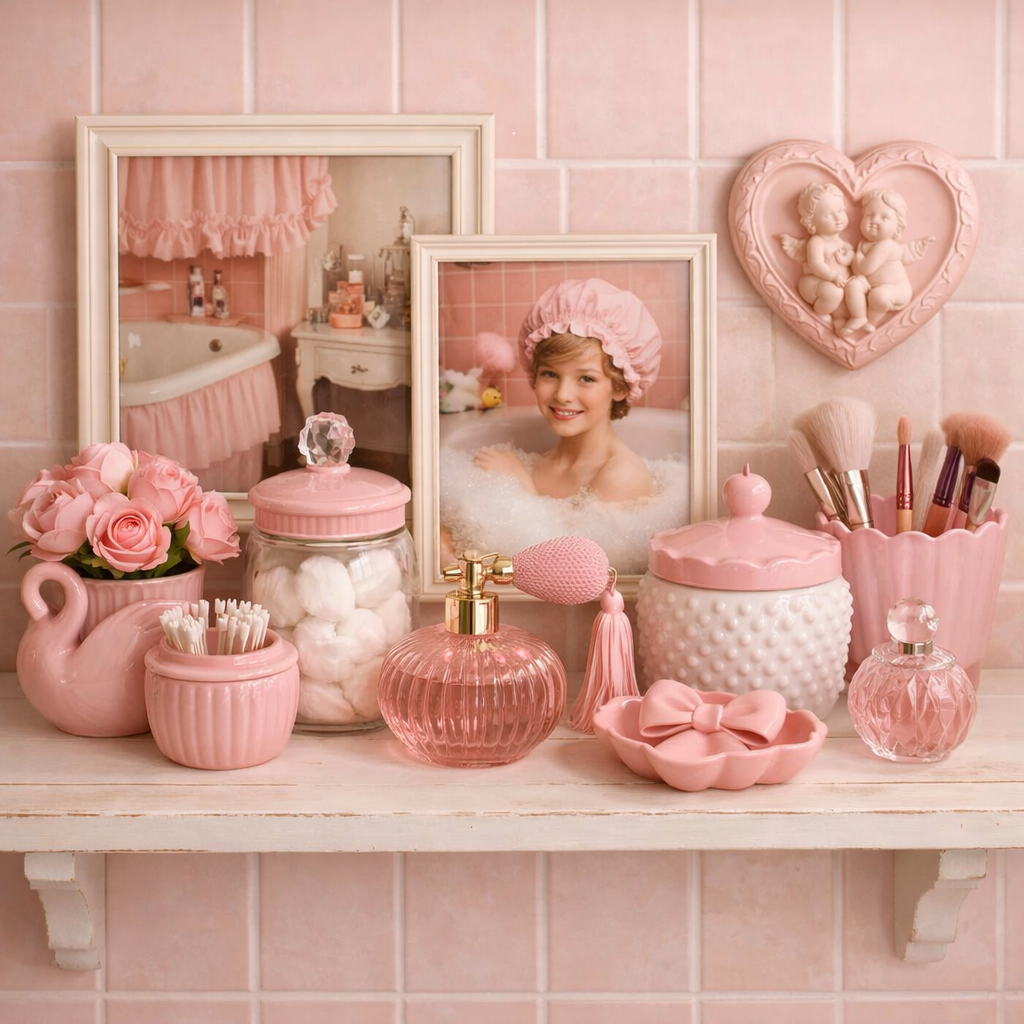 A vintage pink bathroom shelf adorned with various pink accessories and framed photos