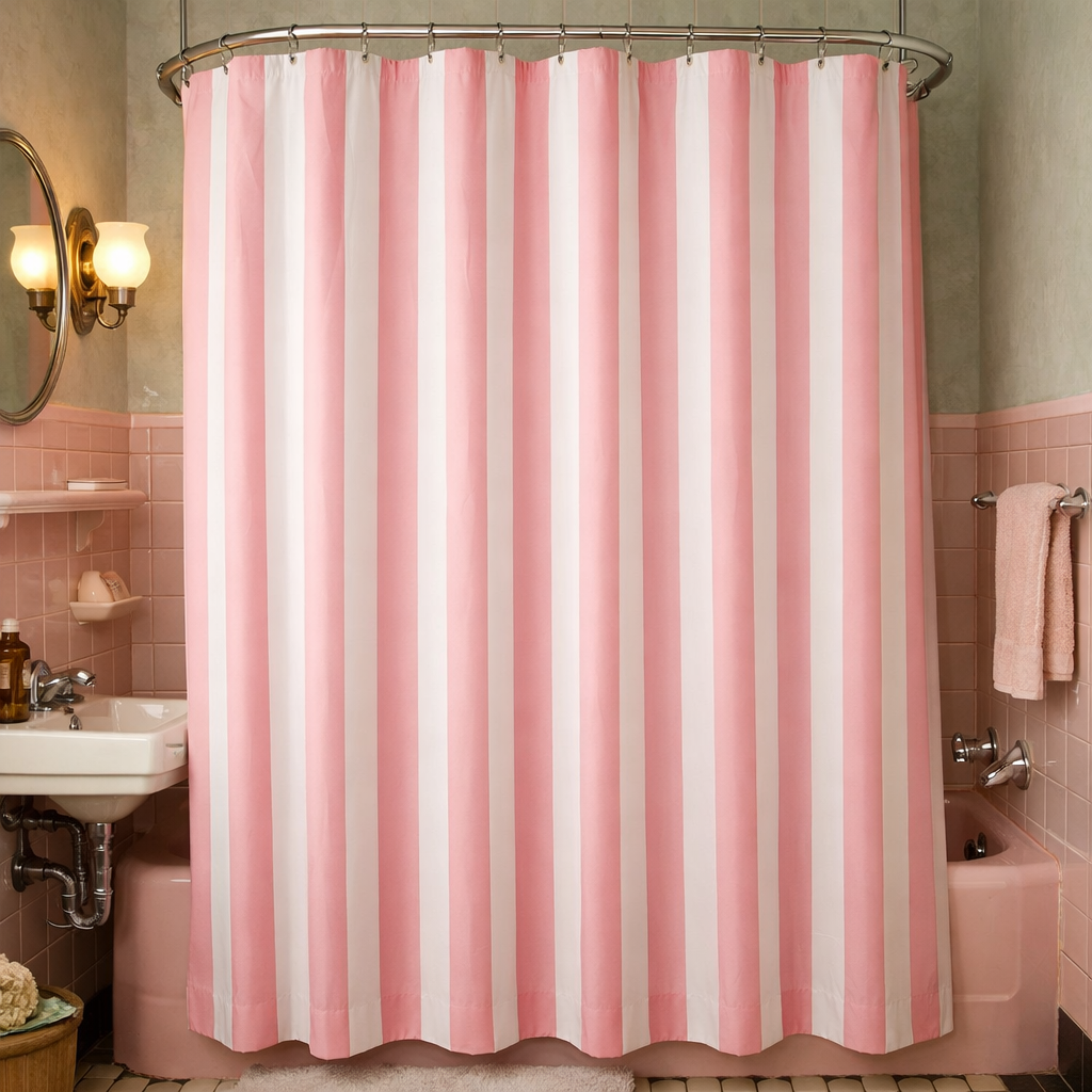 Pink and white striped shower curtain in a vintage pink bathroom