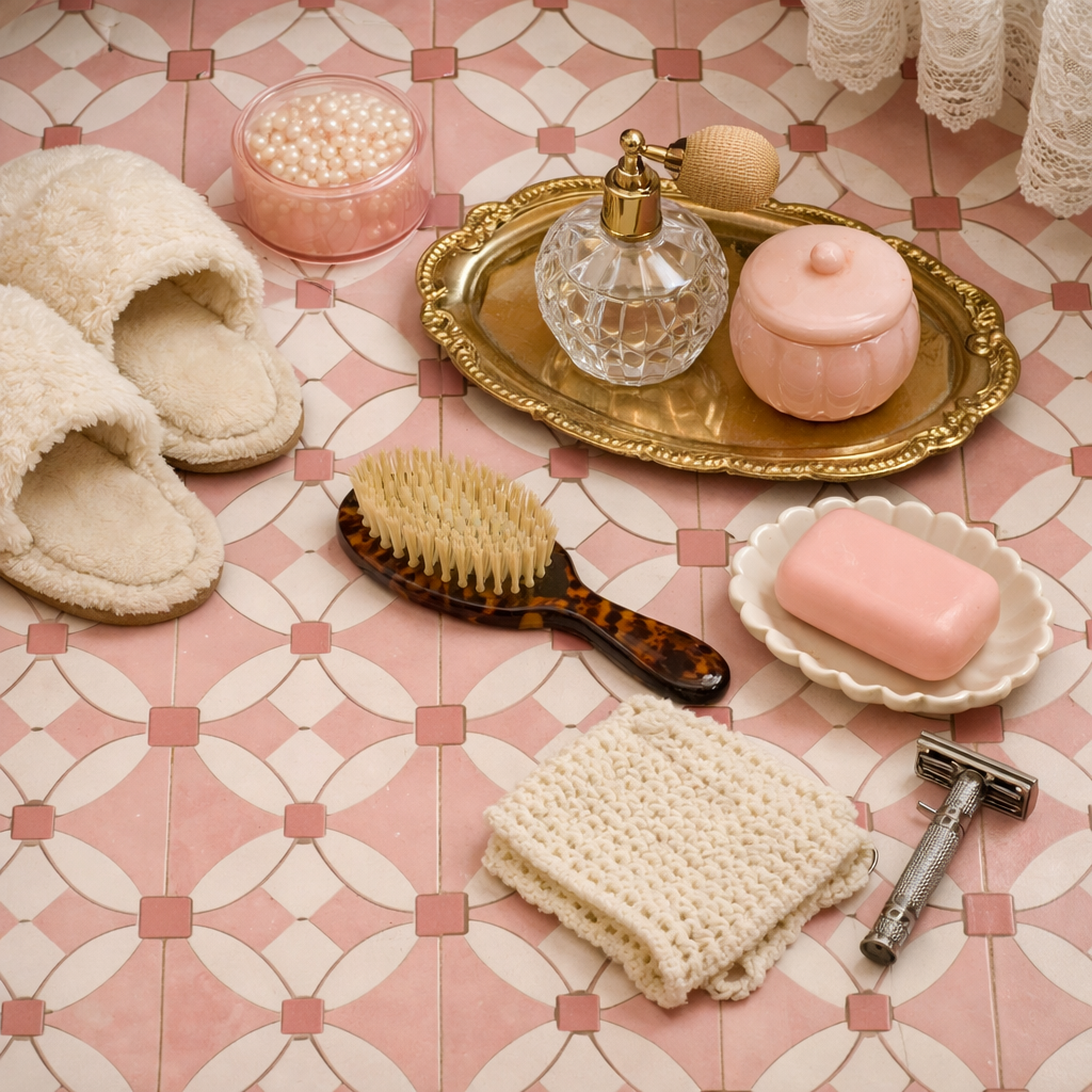 A vintage pink bathroom with retro tile patterns and soft accessories.