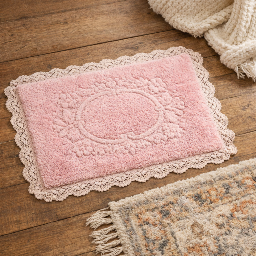 Vintage pink bath mat with lace trim on wooden floor