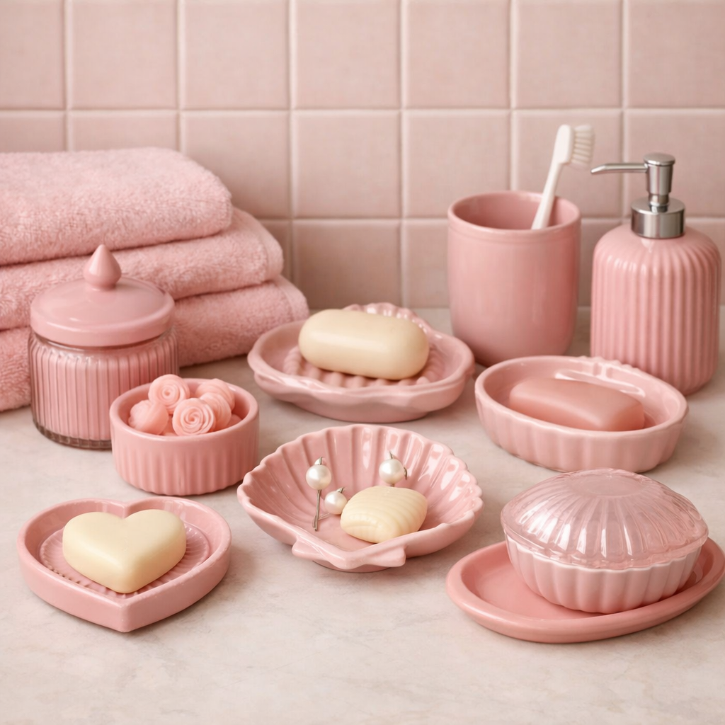 A collection of vintage pink bathroom accessories including towels, soap dishes, and decorative soaps.