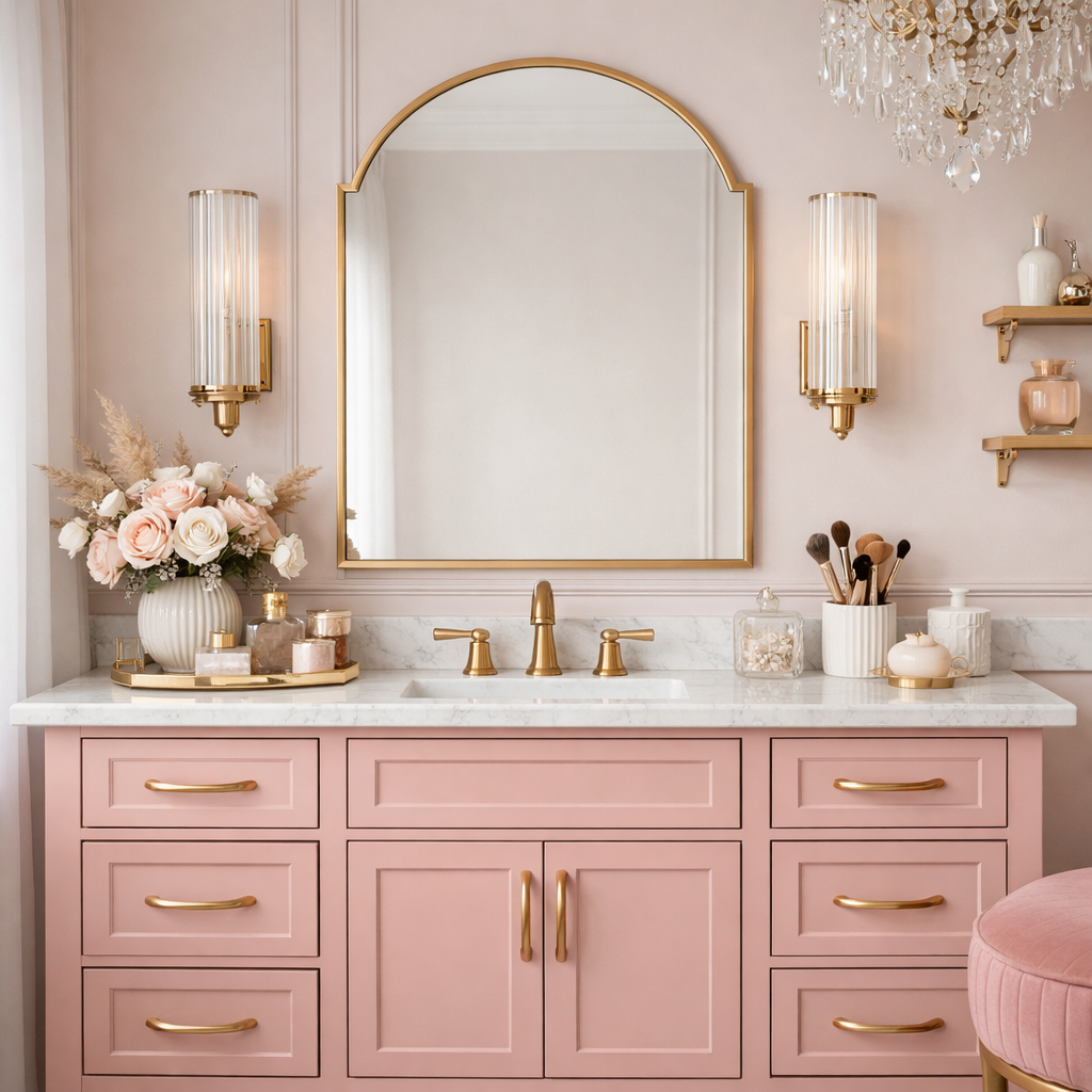 Chic pink bathroom vanity with gold hardware and elegant decor.