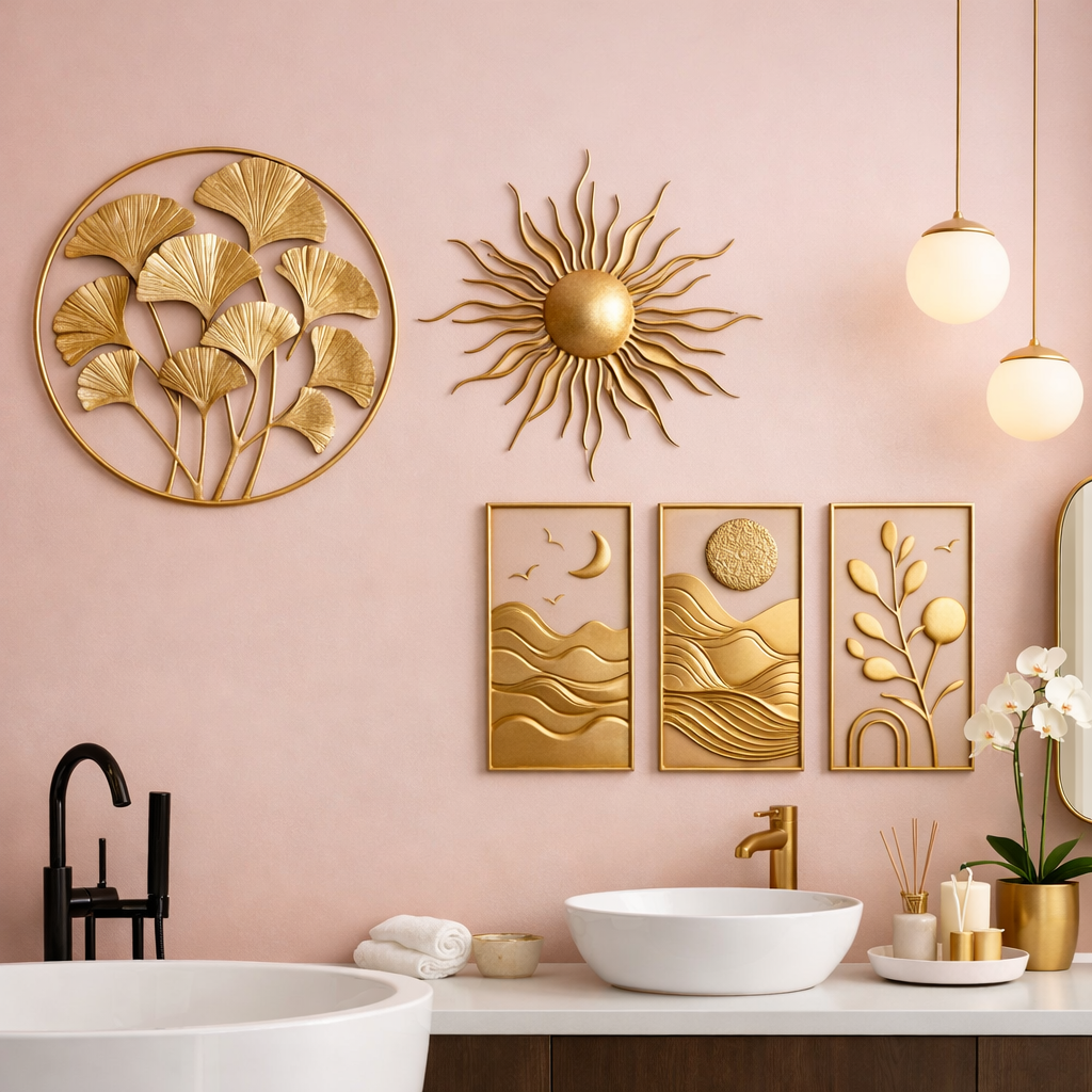 Decorative gold wall art featuring floral and sun motifs in a pink and gold bathroom.