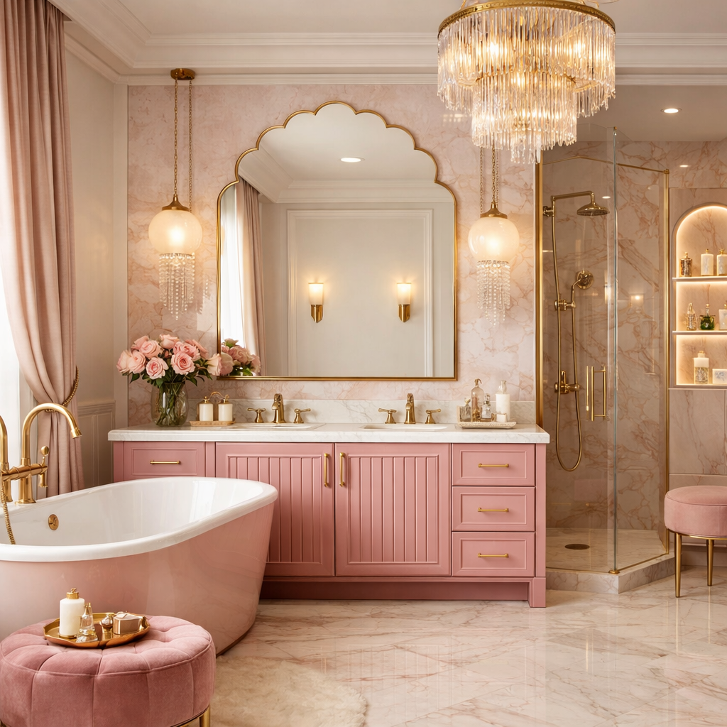 Elegant bathroom with pink and gold accents, showcasing a luxurious design.