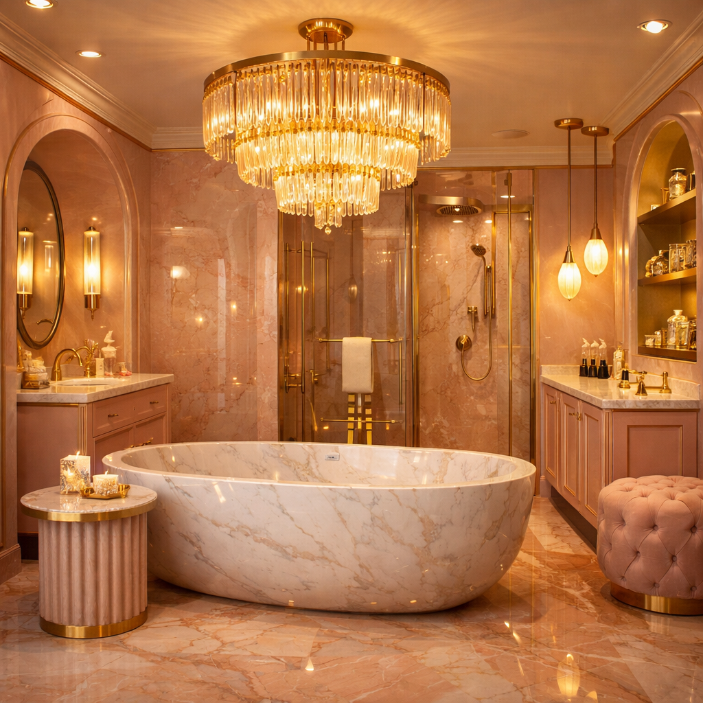 Luxurious pink and gold bathroom featuring a chandelier and elegant fixtures