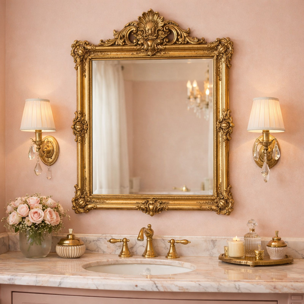 Elegant bathroom with gold framed mirror and pink walls