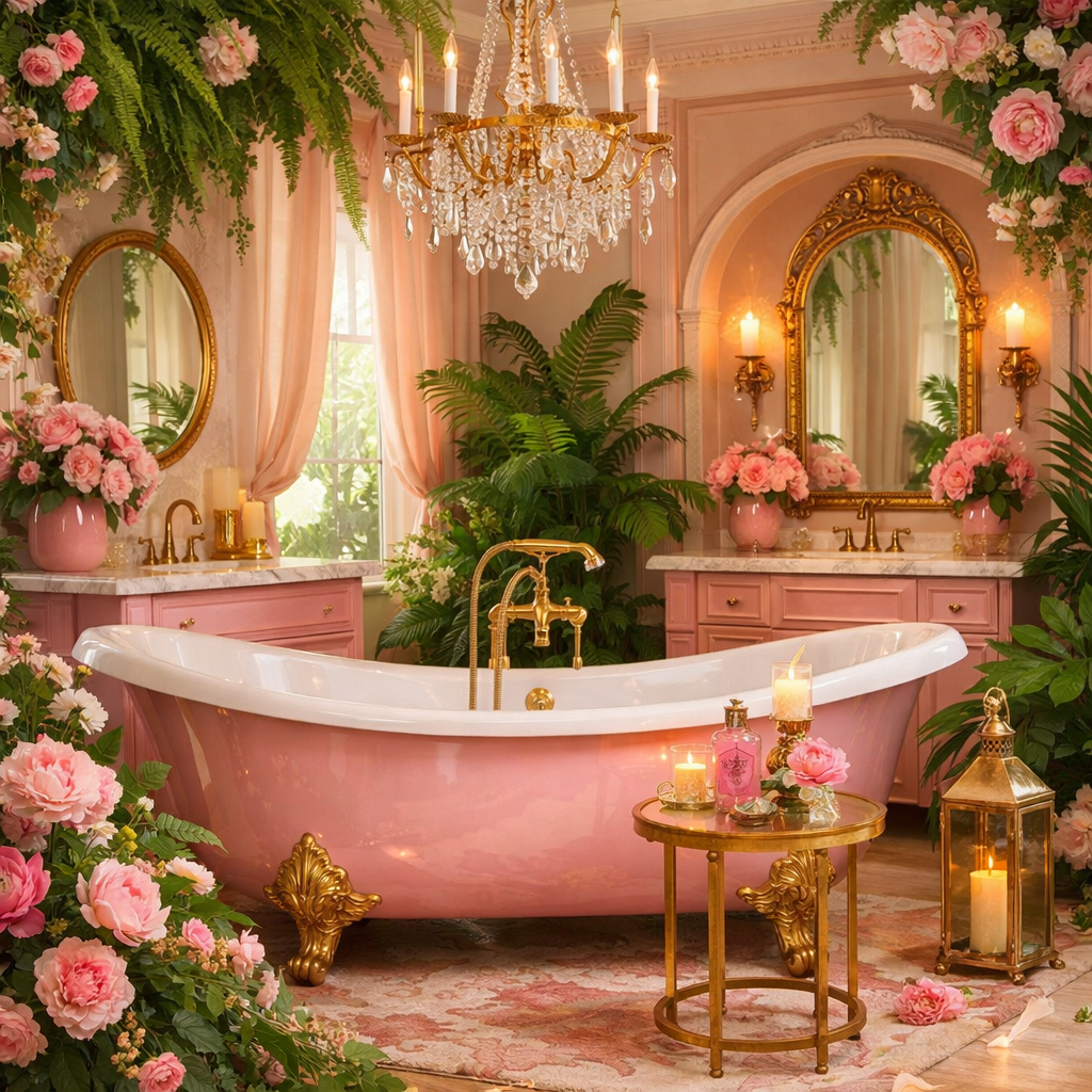 Elegant pink and gold bathroom with vibrant greenery and floral arrangements enhancing the decor