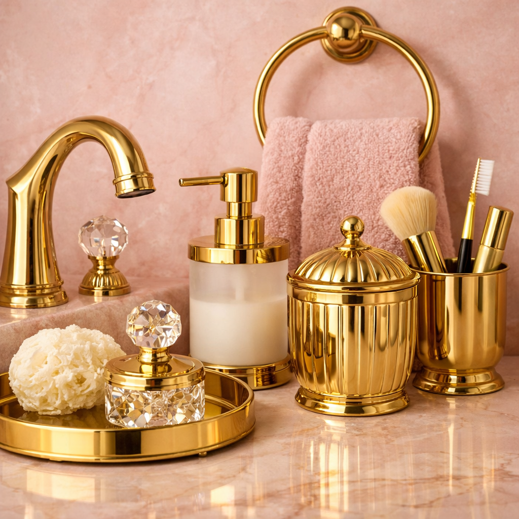 Luxurious gold fixtures and accessories in a pink bathroom