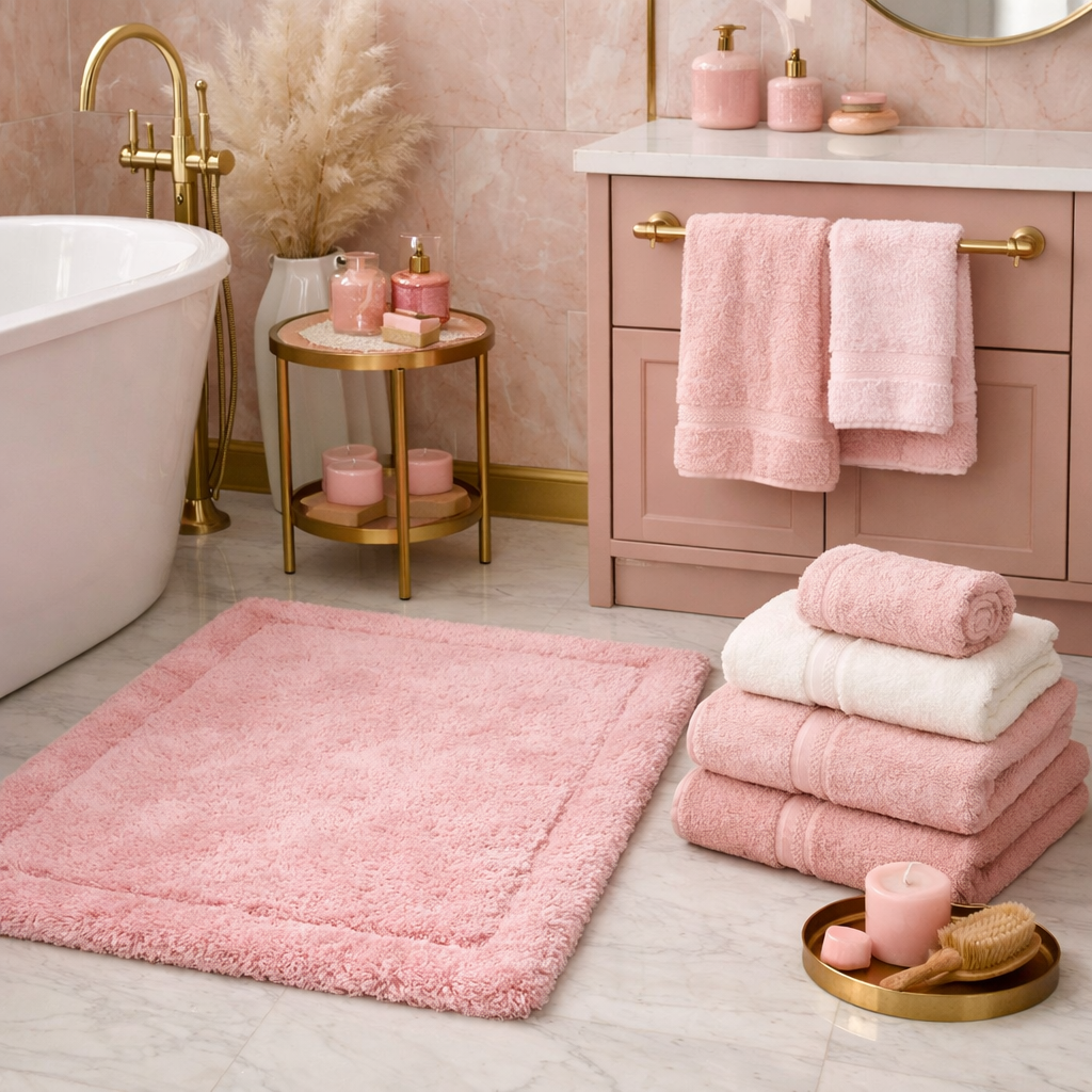 Pink bath mats and towels in a luxurious bathroom setting
