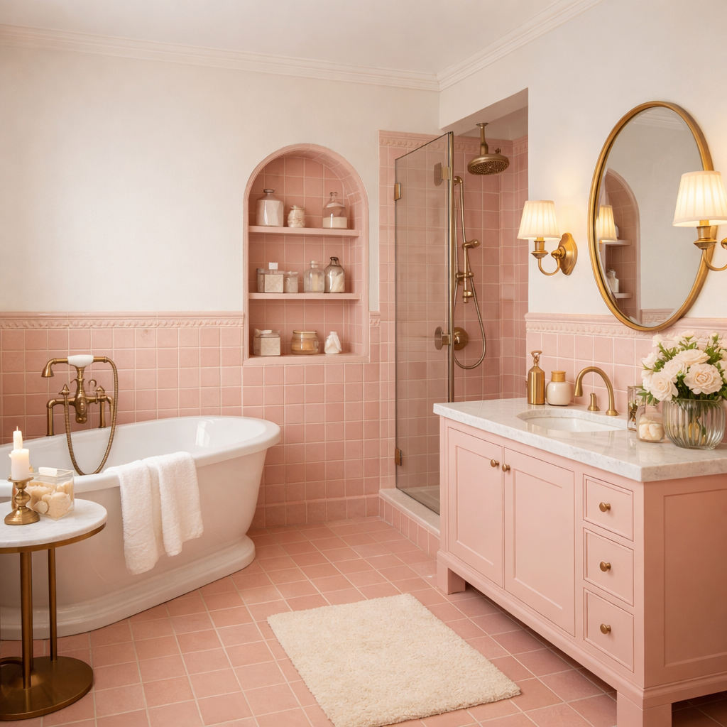 Bathroom with soft pink tiles, featuring a freestanding tub, gold fixtures, and modern decor.