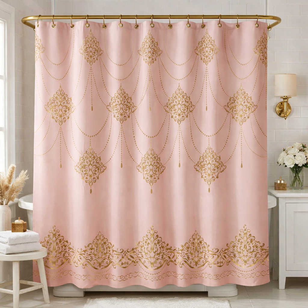 Pink shower curtain with gold decorative patterns