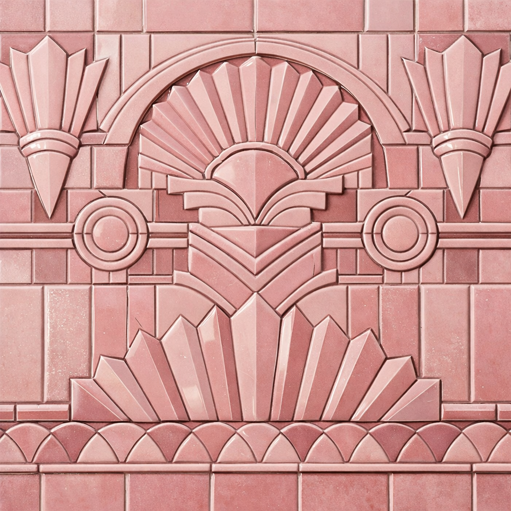 Art Deco pink tile patterns in a retro bathroom design