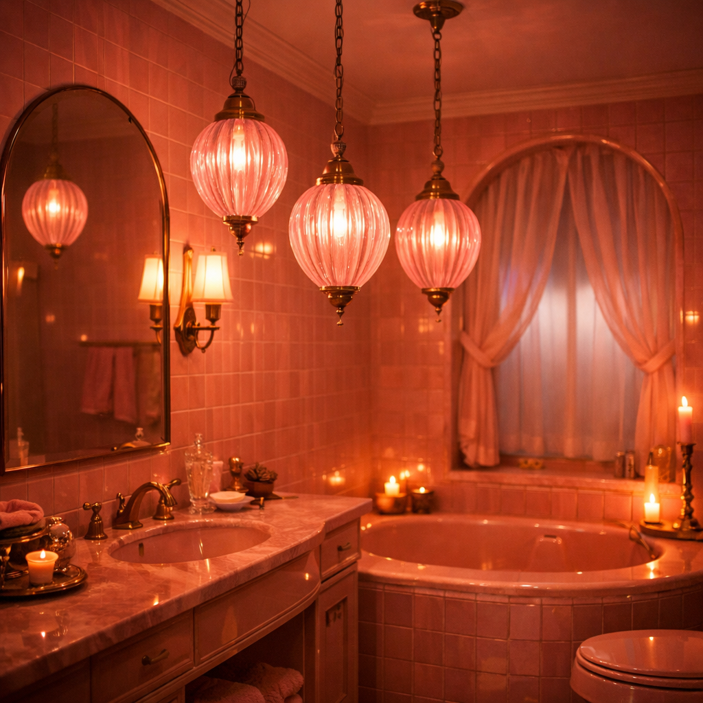 A chic pink retro bathroom featuring elegant lighting fixtures.