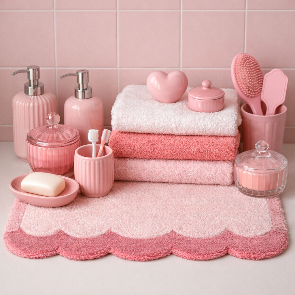 An assortment of pink retro bathroom accessories including towels, soap dispensers, and decorative items.