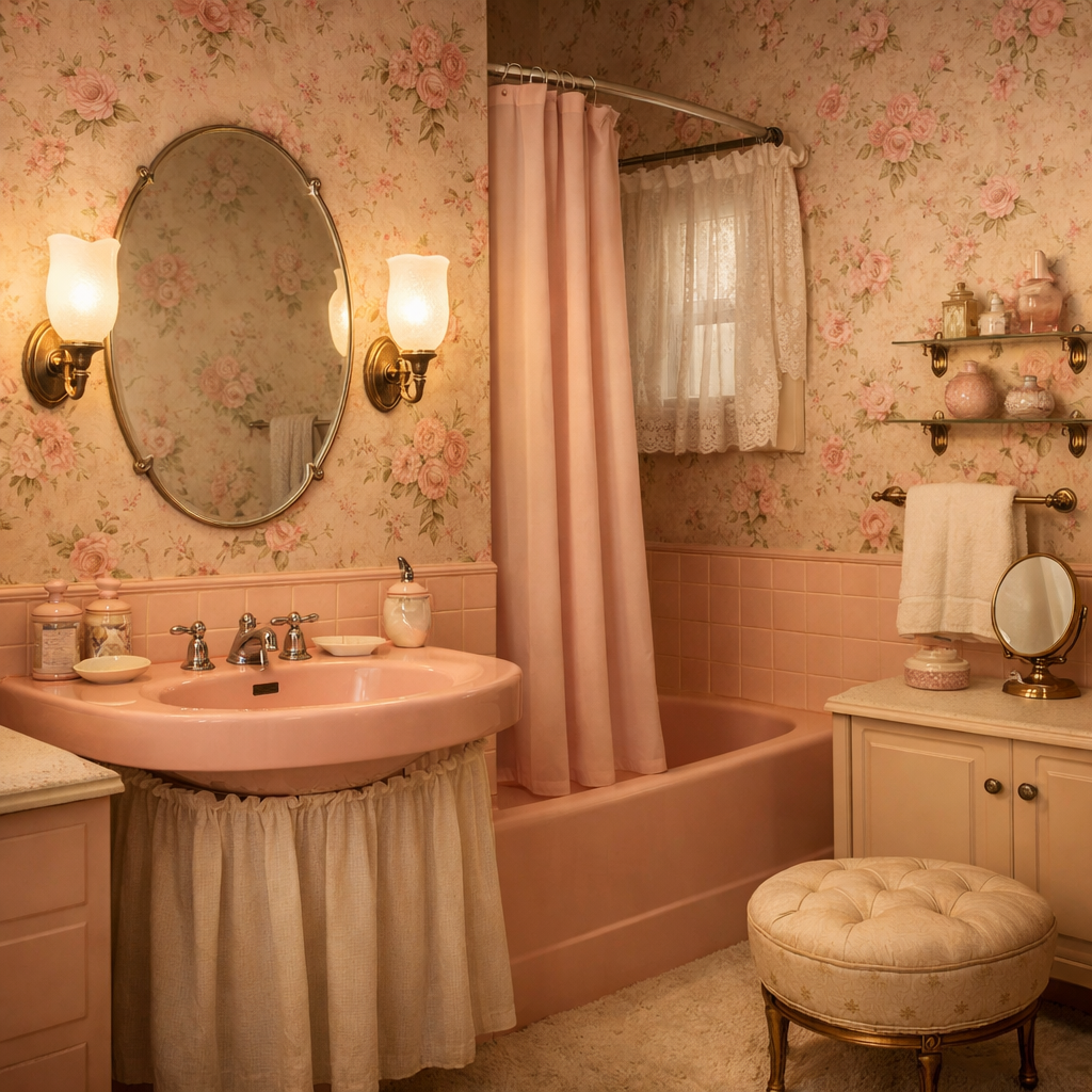A charming pink retro bathroom with floral wallpaper, a pink sink, and vintage decor.