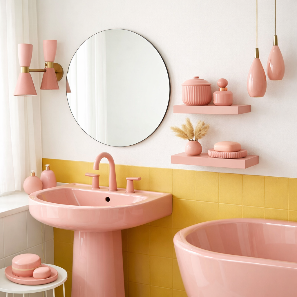 A pink retro bathroom with mid-century modern fixtures, featuring a pink sink, tub, and decorative items.
