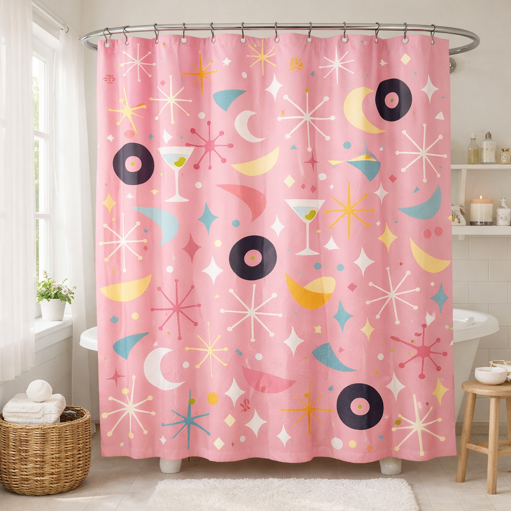 A vibrant pink shower curtain featuring retro-inspired patterns such as stars, moons, and martini glasses, set in a stylish bathroom