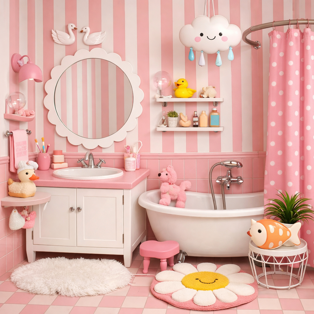 A pink retro bathroom with striped walls, a white bathtub, and cute decorations.