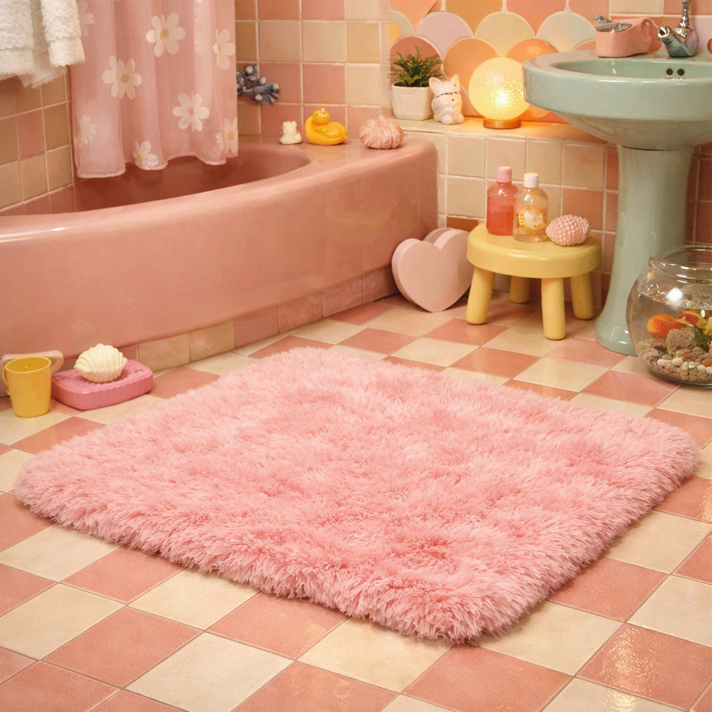 Fluffy pink bath mat in a retro styled bathroom with pastel decor.