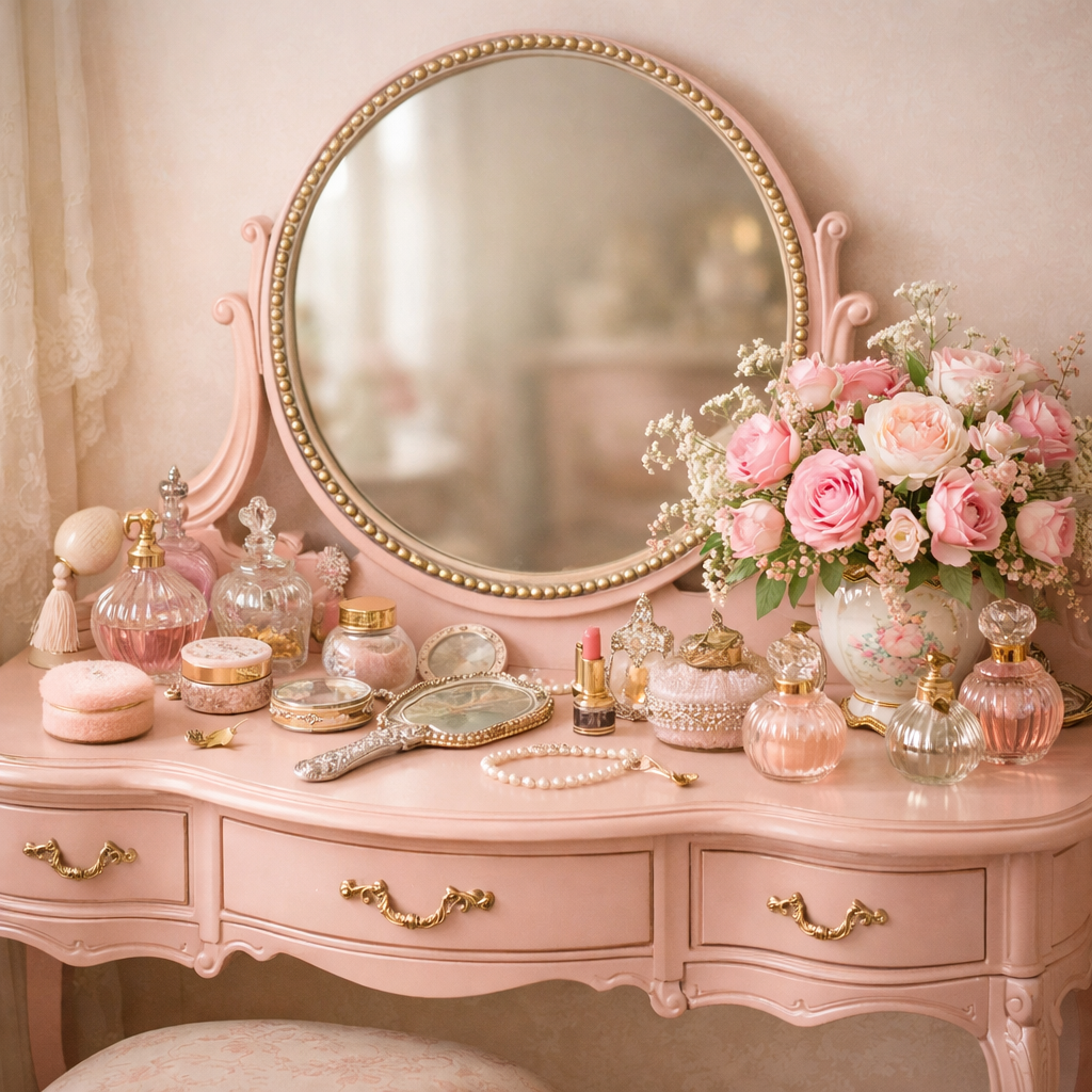 A vintage pink vanity adorned with beauty products and a floral arrangement.