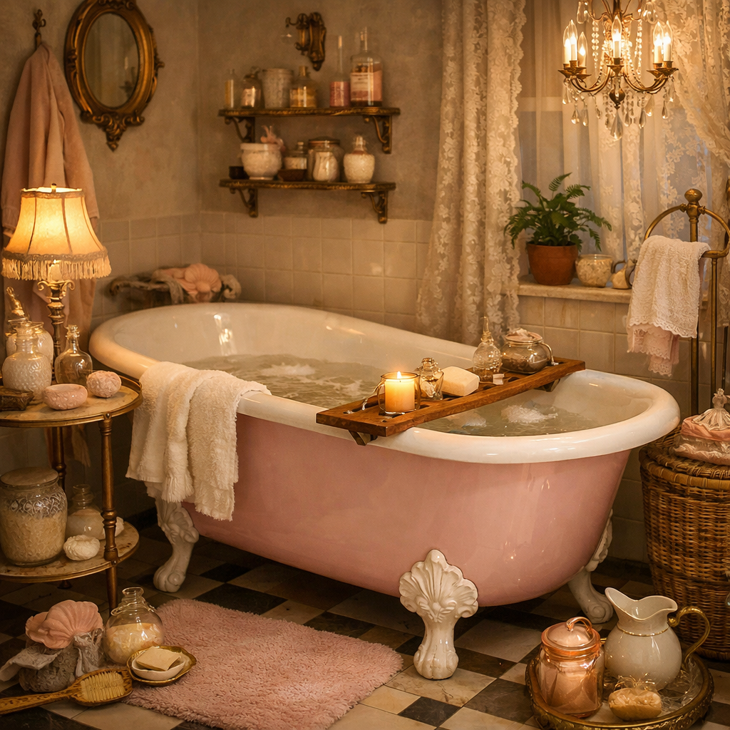 A cozy vintage pink bathtub setup featuring warm lighting and charming decor