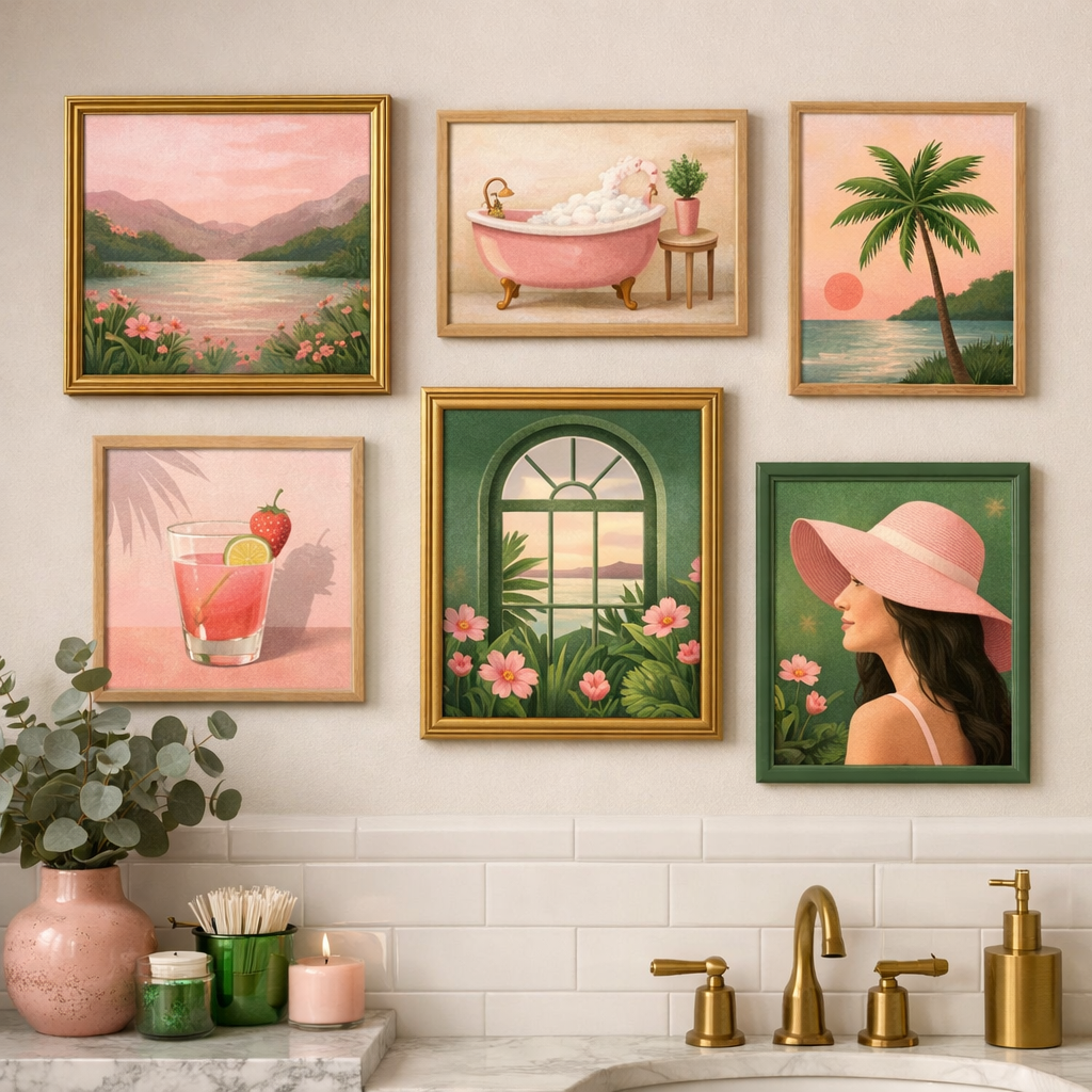 A collection of vibrant artworks in a pink and green bathroom, featuring landscapes, cocktails, and relaxation scenes.