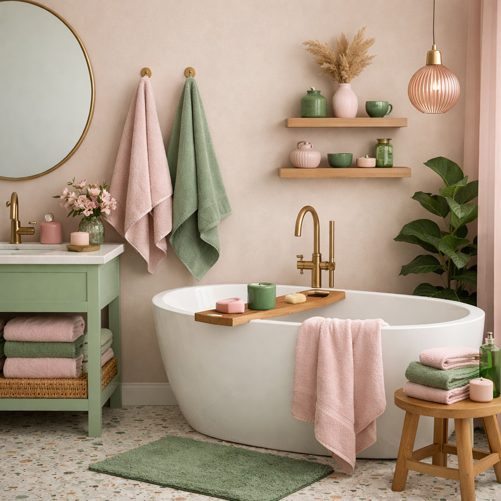A stylish pink and green bathroom with towels, decorative items, and plants.