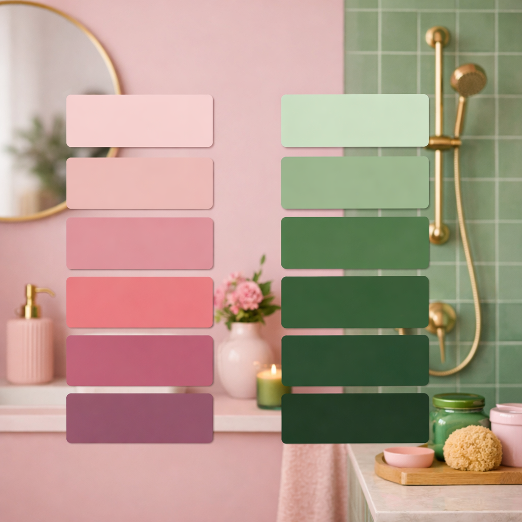 Swatches of pink and green paint next to a bathroom setting.