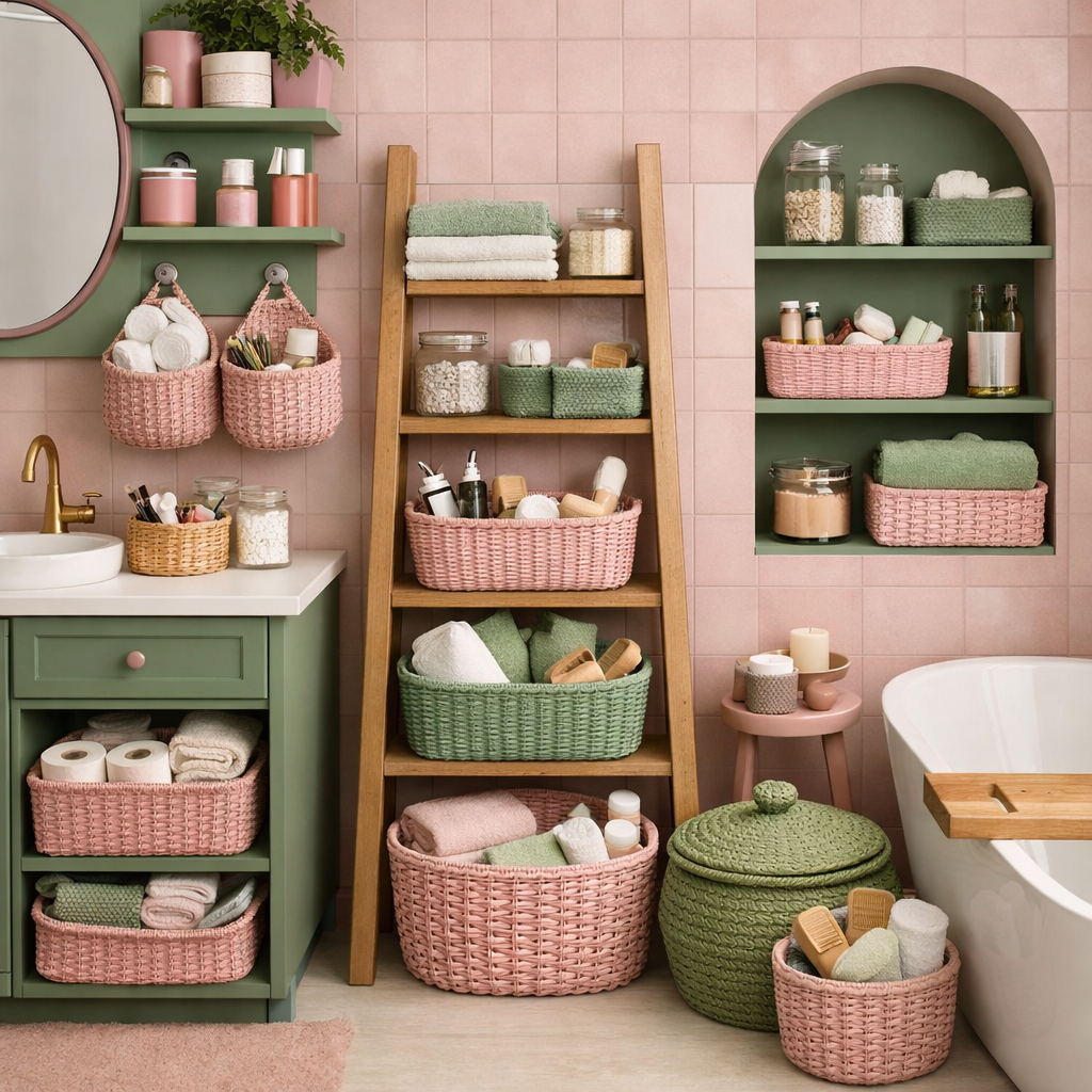 A stylish pink and green bathroom featuring creative storage solutions with baskets and a ladder shelf.