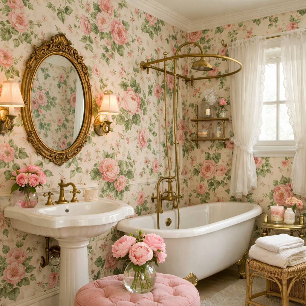 A pink and green floral patterned bathroom featuring a clawfoot tub, a large round mirror, and elegant gold fixtures.