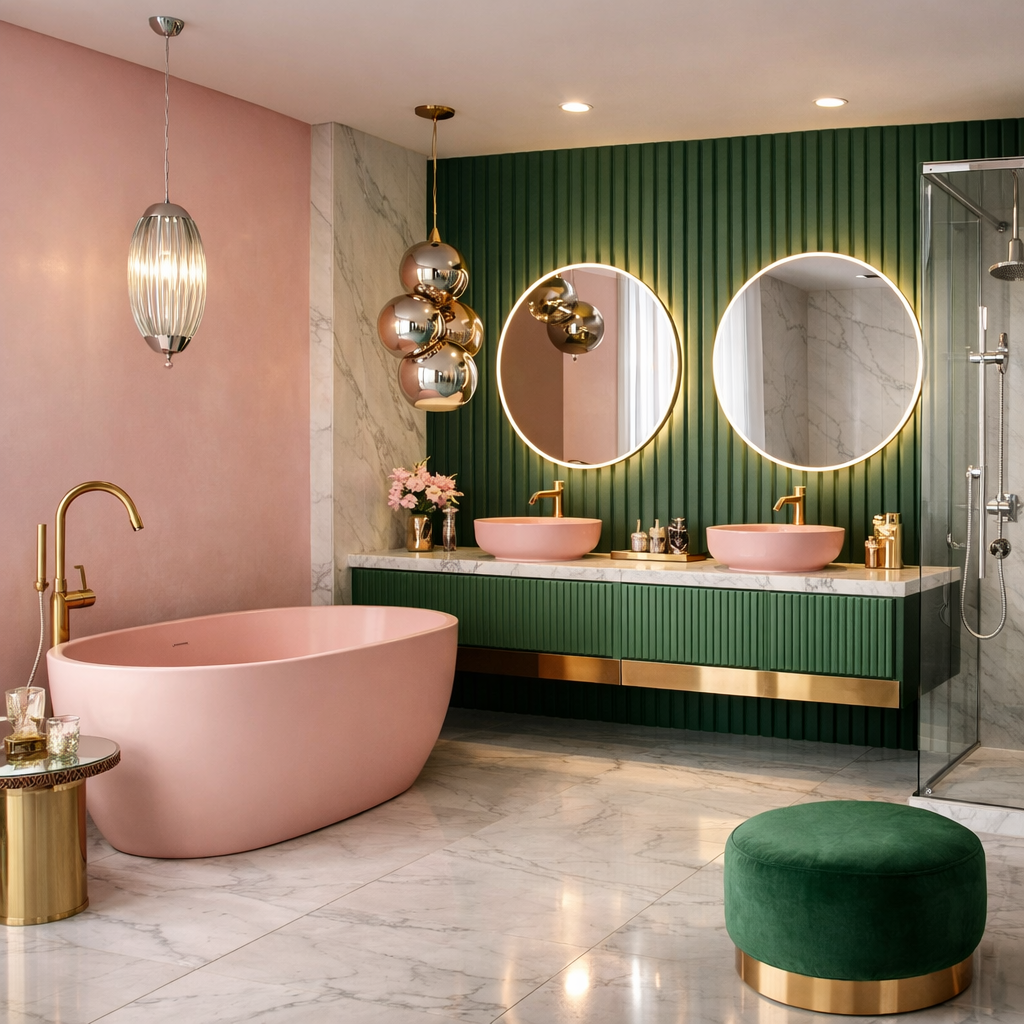 A modern pink and green bathroom featuring gold and silver metallic accents.